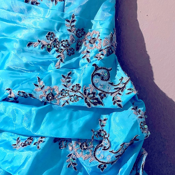 Strapless Ocean blue with Black Embroidery BALL GOWN - Picture 5 of 10